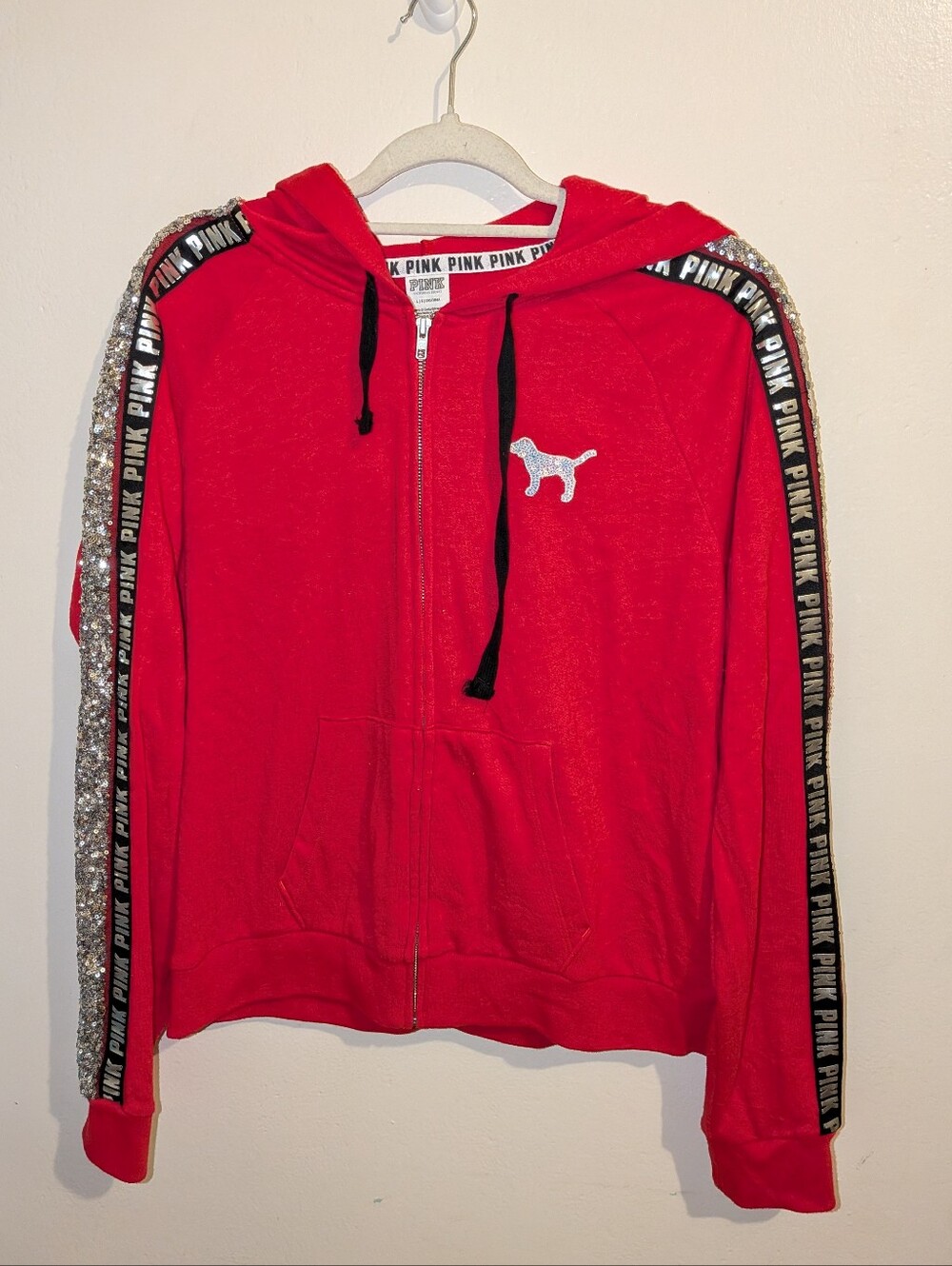 PINK Victoria's Secret Red Sequin-Trim Zip Hoodie with Logo Tape Size L